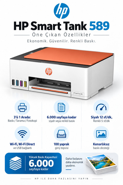 HP Smart Tank 589 Wi-Fi Renkli Tanklı Yazıcı + Orijinal Mürekkep Seti + Yazıcı Kablosu + Ek Siyah Mürekkep