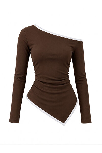 EVOA Women's Brown Asymmetrical Blouse with Piping Detail