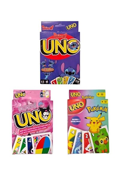 Oyunsal Kuromi Uno + Pokemon Uno + Stitch Uno Oyun Kartları 3'lü Set