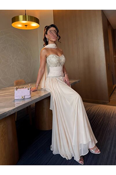 Bamah Luxury Off White Corset Design Beaded Evening Dress with Pleated Chiffo...