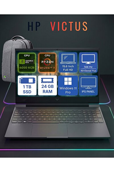 Victus Gaming Laptop Ryzen 7 7445HS 24 GB DDR5, 1 TB SSD, RTX 4050/6GB,144 Hz, 15.6"FHD (1920x1080), IPS Panel, Windows 11 Pro + Office 2026 + Tekden Çanta
