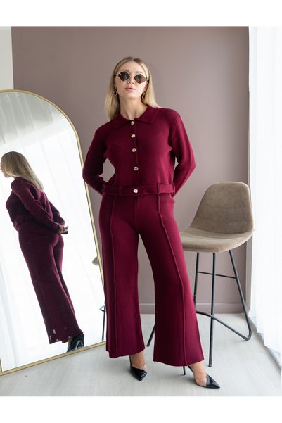 KENZA'A TRİKO Set de tricotaje cu jachetă cu curea și pantaloni cu dungi