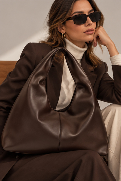 FARBAG ACI KAHVE DERİ roma Kadın Büyük Boy Yumuşak Omuz Çantası Vintage Model