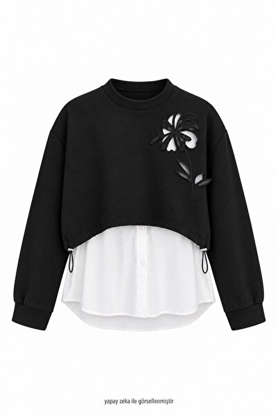 elif teke Ross Çiçek Aplikeli Sweatshirt Siyah