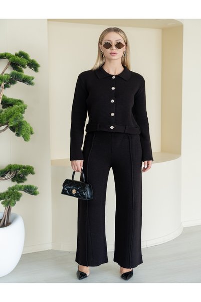 KENZA'A TRİKO Set de tricotaje cu jachetă cu curea și pantaloni cu dungi