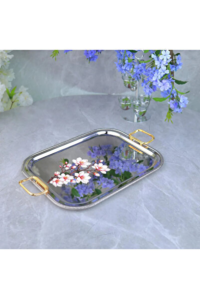 Al Hadaya Mall Stainless Steel Serving Tray with Luxury Design Pattern - Silv...
