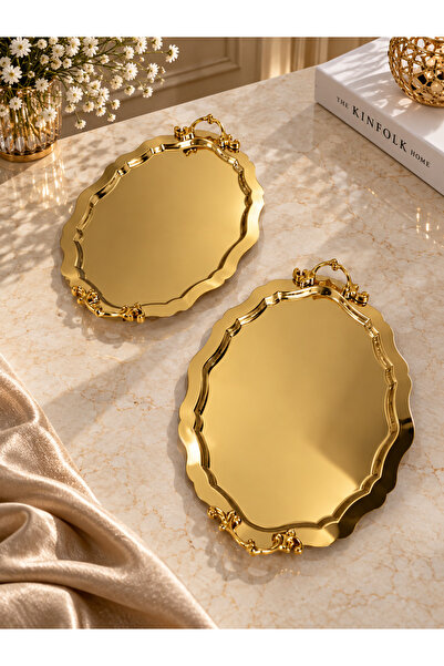SUNVERA ÇELİK Gold Oval Kulplu Kahve Çay Sunum Tepsisi 27x20 cm – Dekoratif M...