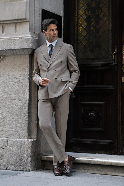 Mcr Çizgili Slim Fit Geniş Yaka Kruvaze İtalyan Stil Duble Paça Pantolon Erke...