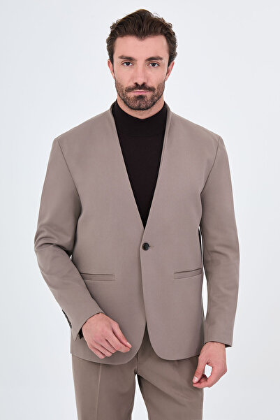 Mcr Straight Oversize Collarless Men's Suit with Pleated Trousers Mink - 4548...