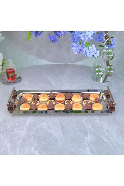 Al Hadaya Mall Stylish Design Stainless Steel and Wood Rectangular Serving Tr...