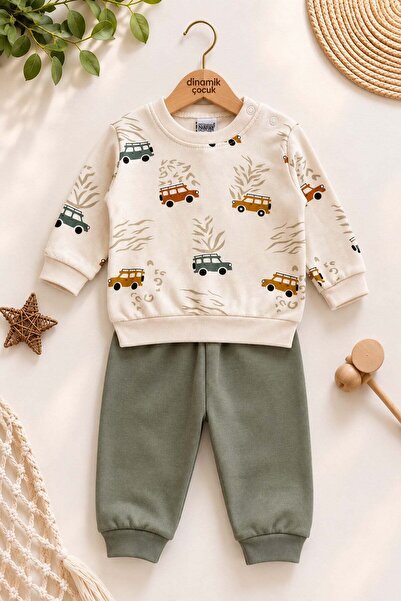 dinamik çocuk Baby Boy Safari Car Patterned Long Sleeve Seasonal Top and Bott...