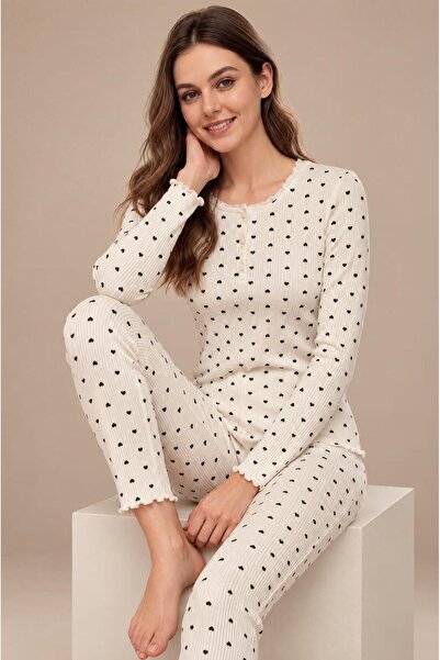 cotonhause Women's Long Sleeve Half Placketed Report Interlock White Pajama S...