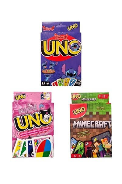 Oyunsal Kuromi Uno + Minecraft Uno + Stitch Uno Oyun Kartları 3'lü Set