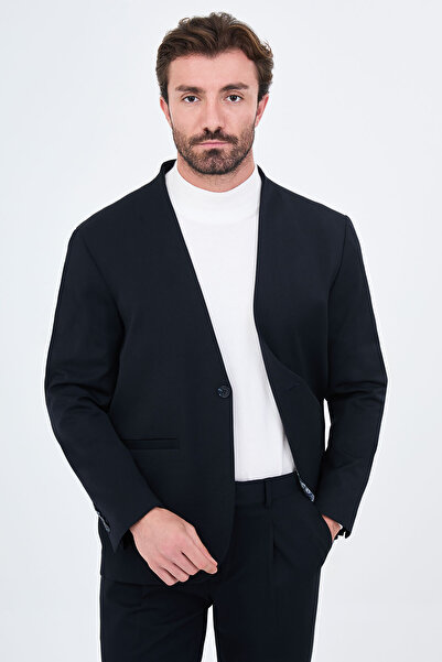 Mcr Straight Oversize Collarless Men's Suit with Pleated Trousers Navy Blue -...