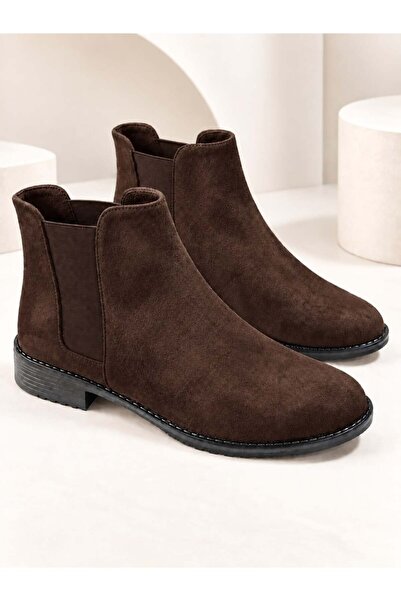 dabab shoes MARAL Kadın Acı Kahve Süet Yuvarlak Burun Lastik Detaylı 3 Cm Top...