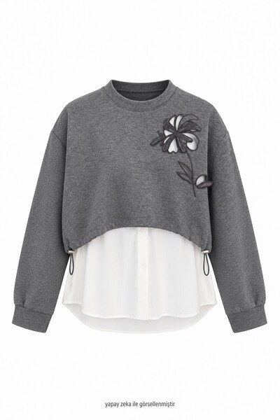 elif teke Ross Çiçek Aplikeli Sweatshirt Gri