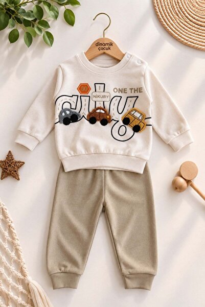 dinamik çocuk Baby boy 3d car applique sweatshirt seasonal top and bottom 2-p...