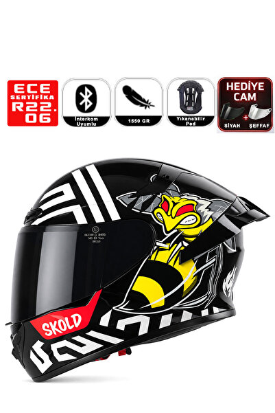 SKOLD Rapid Full-Face Glossy Bee Sarı-Siyah Motosiklet Kaskı (ECE-22.06)