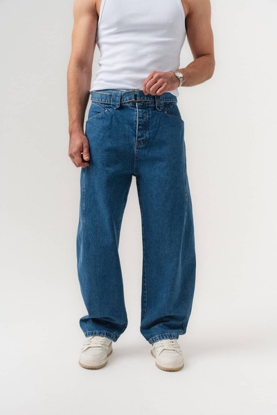 go gang own Pantaloni bărbați Foldtie Pens, din denim larg, cu curea detaliată