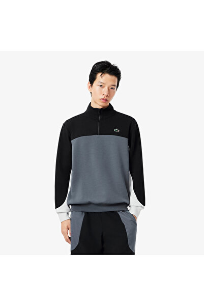 Lacoste Erkek Classic Fit Yarım Fermuarlı Renk Bloklu Gri Sweatshirt