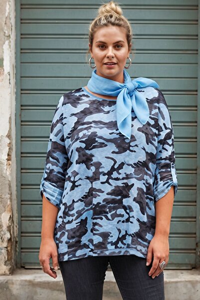 Chiccy Italian Light Blue Pool Collar Long Sleeve Camouflage Casual Long Knit...