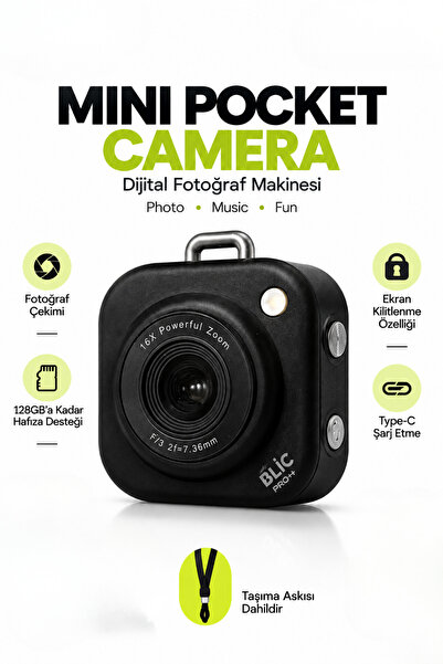 Yussraw blic BLM-108 Pembe Mini Pocket Dijital Fotoğraf Makinesi, 16X Powerful Zoom, 1080P Video