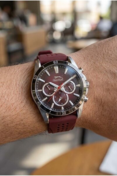 Slazenger Burgundy Men's Wristwatch |   45mm Stainless Steel Case, Silicone Cord
