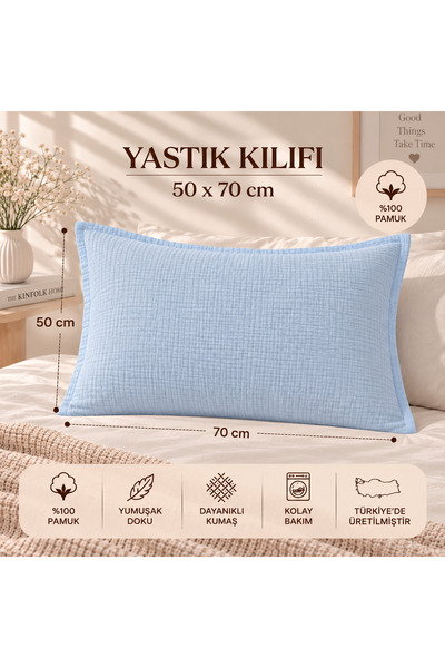 Zorluteks %100 Pamuk Müslin Yastık Kılıfı 50x70 cm – Mavi