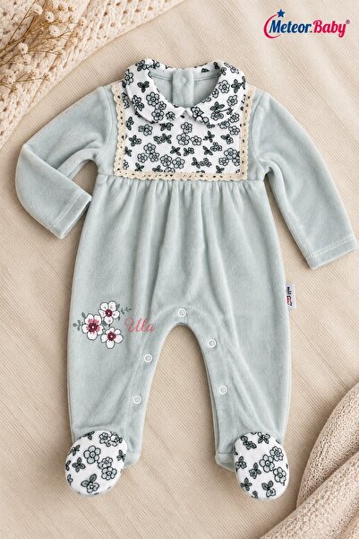 METEOR BABY Kız Bebek Tulumu Kadife Dantel Yaka Detaylı Ayaklı Uzun Kollu Kad...