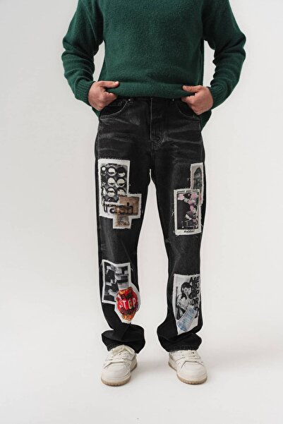 go gang own Urban Poster Patch Detailed Jean Baggy Men's Trousers