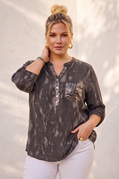 Chiccy Italian Brown Judge Collar Long Sleeve Patterned Sequin Pocket Casual ...
