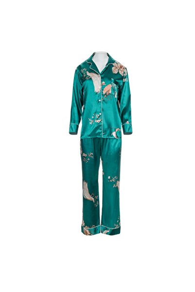OEM Set Pijama Verde Satinata cu Buzunar Paun Flori pentru Femei