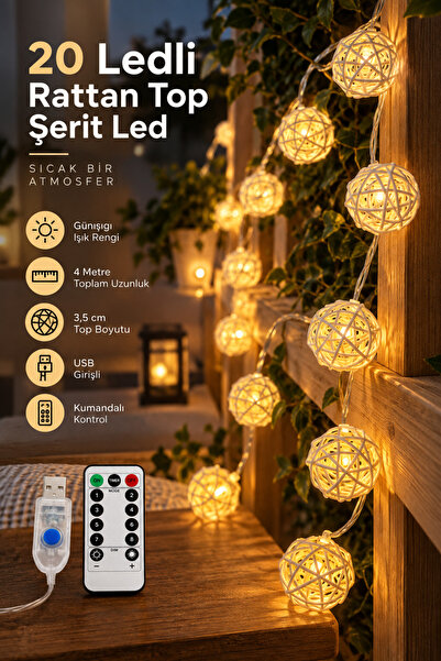 Deconitte 20 Rattan Top Şerit Led 4metre USB Kumandalı Yılbaşı Parti Organiza...