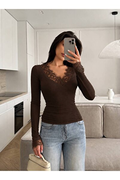 hiraz fashion Women's Coffee Lycra Lace Blouse