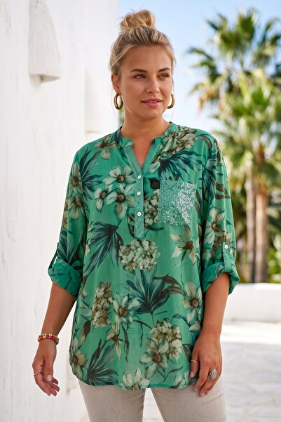 Chiccy Italian Green Judge Collar Long Sleeve Patterned Sequin Pocket Casual ...