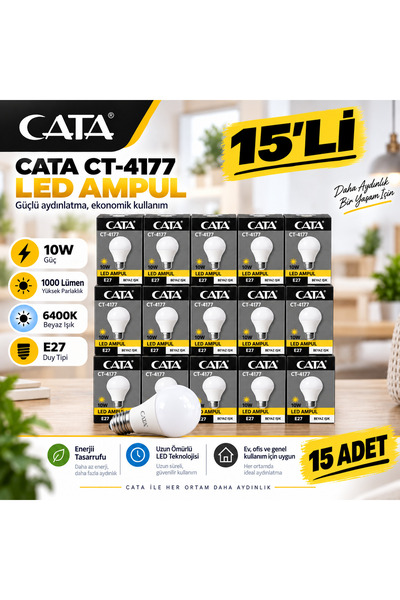Cata CT-4177 10W LED Ampul E27 6400K Beyaz Işık 1000 Lümen 15’li Paket