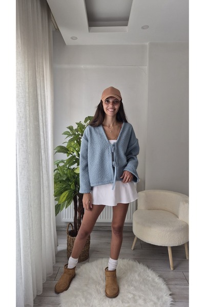 yoe butik Mavi Teddy Bağcık Detaylı Ceket