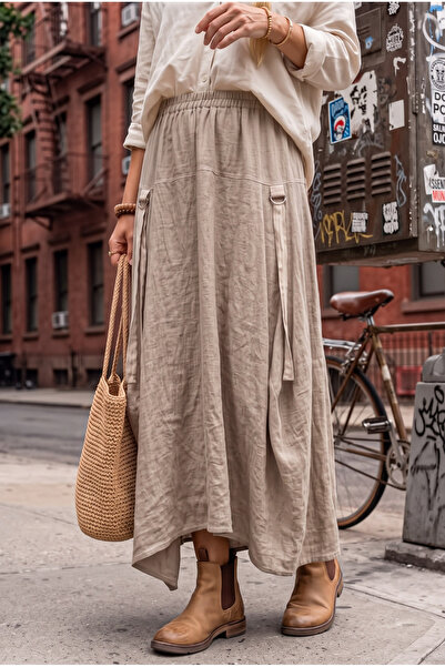 Chiccy Italian Beige Side-Tie Elastic Waist Casual Cotton Long Woven Skirt 95 62