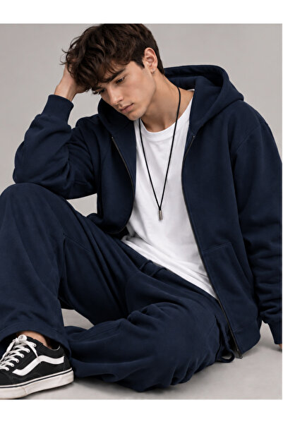DEEPSENSE Erkek Lacivert Kapişonlu Fermuarlı Oversize Sweatshirt Ceket Hırka ...