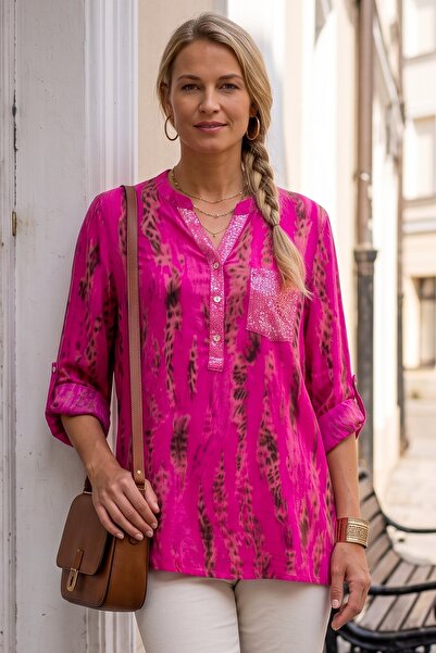 Chiccy Italian Fuchsia Judge Collar Long Sleeve Patterned Sequin Pocket Casua...