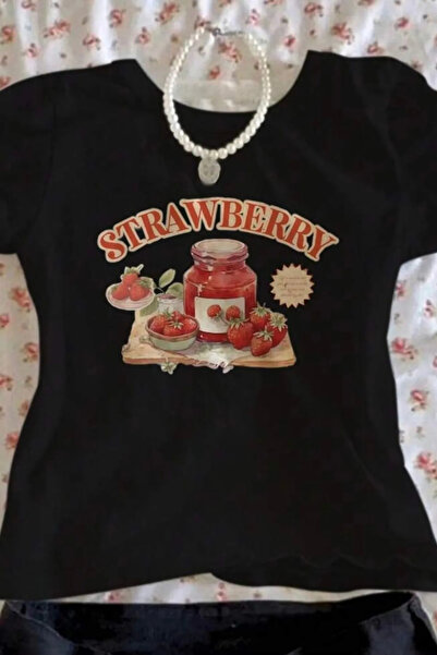 1blood Strawberry Printed black crop blouse