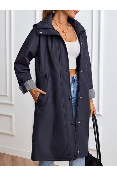 ladyzey Ladzyzey Women's Navy Blue Mid-Length Hooded Waist Elasticated Foldab...