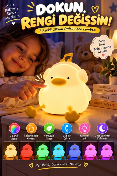 OpenCity 7 Renkli Silikon Ördek Gece Lambası Dokunmatik LED Çocuk Odası Komod...