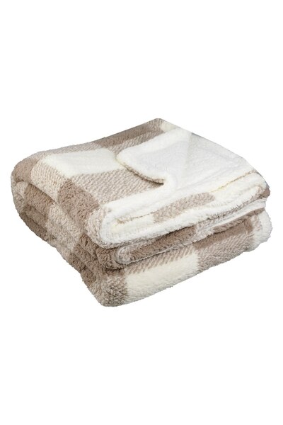 OEM Patura dubla fata bej carouri maro sherpa 200x150cm individual 2 straturi