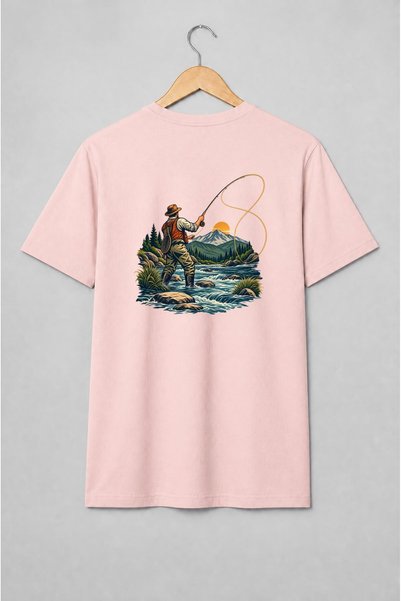 Generic Brand Tricou unisex cu Pescar la muscă în râu montan stil vintage