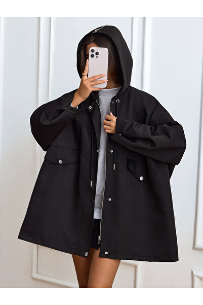 ladyzey Women's Black Oversized Trench Coat with Zipper Detail and Hood