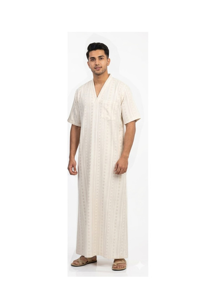 TAJ ثوب شبرا رجالي منزلي بأكمام قصيرة وياقة على شكل سبعة يتميز بنقشة خطوط عمو...