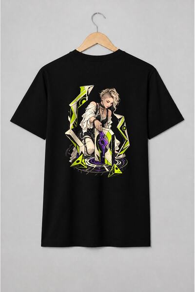 Generic Brand Tricou unisex cu Femeie cyberpunk cu geometrie neon