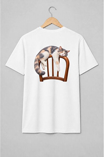 Generic Brand Tricou unisex cu Pisică tricoloră adormită pe scaun stil realist