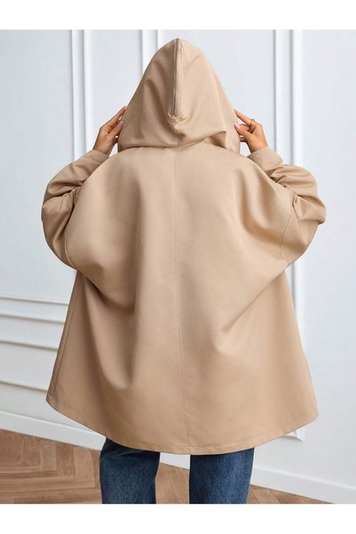 ladyzey Women's Beige Hooded Oversized Trench Coat with Zipper Detail